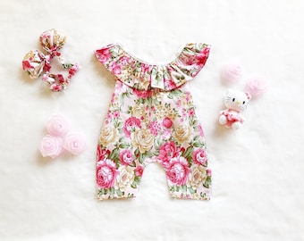 baby girl jumpsuit- baby outfit- baby girl clothing- baby playsuit- cotton- Vintage floral print baby girl jumpsuit