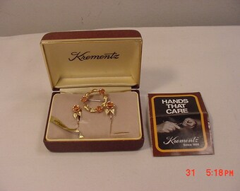 Vintage Krementz Brooch & Screw On Earrings Set In Original Box 18 - 815