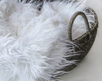 White Faux Fur Photo Prop, Long Pile, Newborn Photo Prop, 3" Pile, Baby Photo Prop. READY to SHIP, Curly Faux Fur, Layering Blanket.