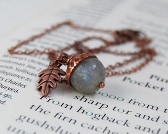 Labradorite and Copper Acorn Necklace | Gemstone Acorn Necklace | Labradorite Gemstone Necklace | Fall Copper Acorn Charm Necklace