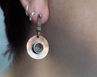 Copper earrings, Dangle earrings, Copper and silver earrings, mixed metal earrings, Artisan earrings, Rustic earrings, Boho earrings