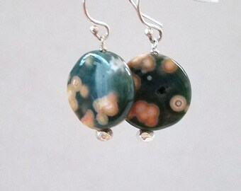 Coin Shape Ocean Jasper and Sterling Silver Dangle Earrings
