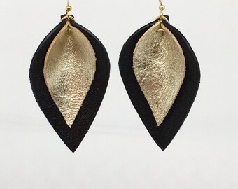 Leather teardrop earrings lightweight earrings metallic leather earrings black and gold leather earrings leather leaf earrings leather drops