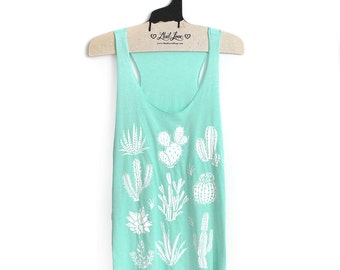 XL -Tri-Blend Mint Racerback Tank with White Cactus Screen Print