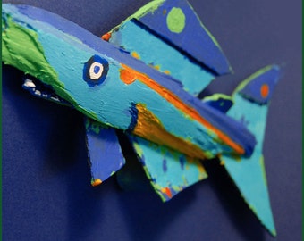 Recycled Wood Whimsical Fish Art - Colorful Ready to Hang Painted Recycled Wood Funky Fish Art Wall Decor