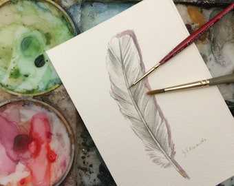 White Dove Feather - Original Watercolor- Nightly Study 396