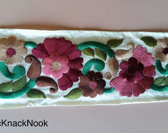 Off White Fabric Trim With Floral Embroidery, Mauve, Brown And Green Trim, 60mm wide - 200317L128