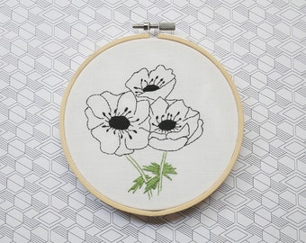 Hand embroidery, interior decoration,illustration, white, anemone