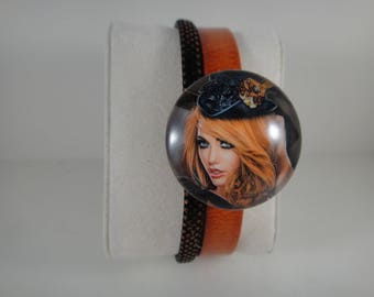 Top quality: 2 genuine leather Bracelet orange strands and glitters with snap chunk interchangeable glass 30mm