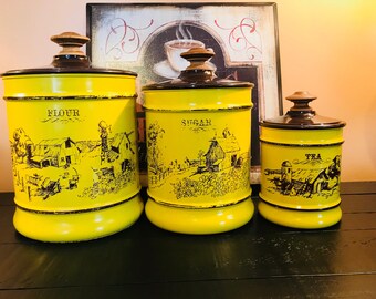 Vintage Aluminum Canister Set by Kromex. Mustard Yellow in Color with Brown Barn/Farm Scene. Flour, Tea and Sugar.