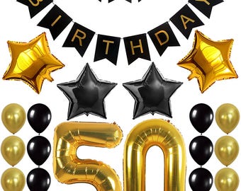 50th BIRTHDAY DECORATIONS BALLOON Banner - Happy Birthday Black Banner, 50th Gold Number Balloons, Perfect 50 Years Old Party Supplies