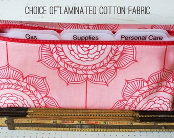 Cash envelope system wallet with blank dividers for Dave Ramsey budget | choice of laminated cotton fabric and zipper color