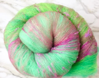 Fairy Blend Batt - sprout and seafoam ombré - fiber art batt to spin or felt - Merino Wool with silk and sparkle - 2 oz