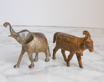 Brass Elephant and Goat Statues - Rusty Brass Animal Figurines - Small Vintage Rusty Brass Animal Statues