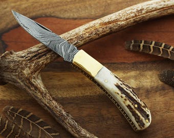 Stag Horn Damascus Steel Knife - Personalized Groomsman Pocket Knife - Damascus Steel Blade Knives