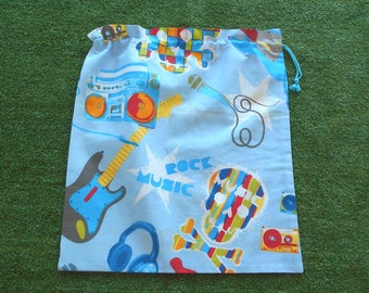 Large drawstring library bag, skulls rock n roll guitar bag, toy bag, sheet bag