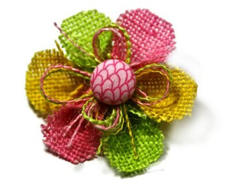 Pink, Yellow and Lime Green Small Burlap Flower Hair Clip with a Pink Scales Center