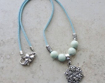 Silver Flower Pendant Necklace, Aqua Faux Suede Cord Necklace, Aqua Bead Necklace, Rustic, Country, Beaded Cord Necklace