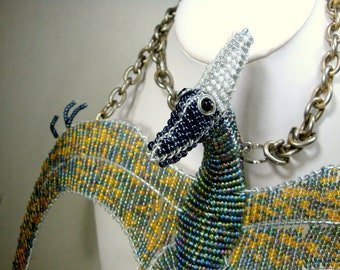 GIANT Dinosaur Pendant Necklace, Beaded Pteradactyl on Chain, What Fun if You DARE, OOAK by Rachelle Starr