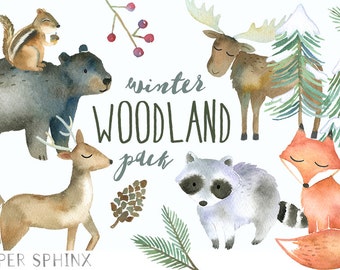 Winter Woodland Animals Clipart | Watercolor Forest Animals - Winter Fox, Moose, Bear, Raccoon, Chipmunk, Deer Clip Art - Nursery Art