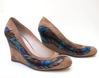 Feather Hand Painted Upcycled Recycled Women's Suede Leather Wedge Shoes, Size 8, OOAK