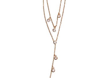 Long Double Necklace/ Silver Necklace/ Cubic Zirconia/ For her