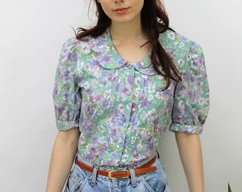 1980s Laura Ashley Floral Blouse Size UK 10, US 6, EU 38