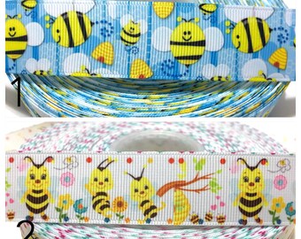 1" Yellow Bumble Bee Ribbon, Yellow Bee Grosgrain Ribbon