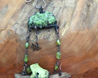 Prince On a Log - Peridot Druzy, Serpentine, Driftwood Pendant Necklace - Handmade in the USA