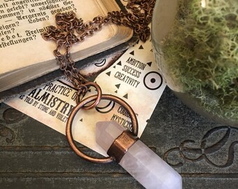 Rose Quartz Crystal Necklace / Pink Crystal Pendant / Electroformed Crystal Necklace / Bohemian Style Jewelry Gypsy Necklace Stone