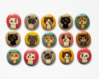 Cat Buttons (12 or 24) - Button Cats - Kittens - Animal Buttons - 15mm Round Buttons - Kitty Buttons - Cartoon Cat - Buttons Cute Animals
