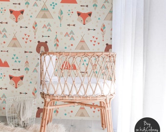 Geometric cartoon animals wallpaper, Indian style wall mural, Reusable, Removable wall decal #97