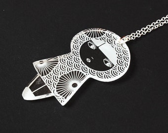 Japanese doll pendant - lasercut clear acrylic - floral pattern - cute matriochka jewelry - kawaii kokeshi jewellery - graphic accessory