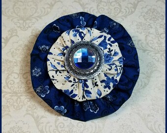 Yo-Yo Blue and Floral Hair Bow / YoYo Flower / Clip / Yo Yo Fabric & Button