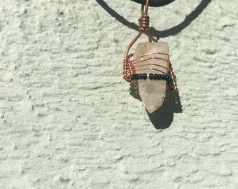 Copper & Bead Wrapped Quartz Crystal Pendant