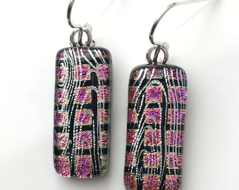 Pink Fused Glass Earrings - Pink Dichroic Glass Earrings - Silver Glass Earrings - Pink Drop Earrings - Fused Glass Jewellery EE 548