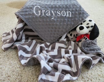 Baby Boy Blanket, Personalized Baby Boy Blanket, Gray Chevron Baby Boy Blanket, Baby Gift, Baby Shower Gift, Minky Baby Blankets
