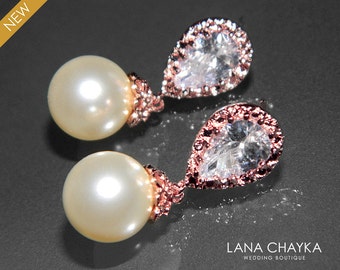 Rose Gold Ivory Pearl Bridal Earrings Swarovski 10mm Pearl CZ Rose Gold Earrings Wedding Drop Pearl Earrings Bridal Rose Gold Pearl Jewelry