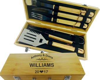BBQ SET 5 tools Custom engraved/ personalized grilling set with 5 useful BBQ grilling tools in natural bamboo case