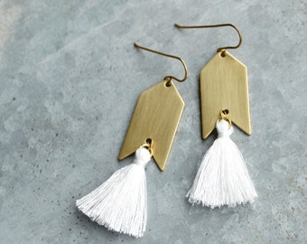 White Tassel Earrings, White and Gold, Natural Brass Tassel Earrings, Arrowhead, Arrow Earrings