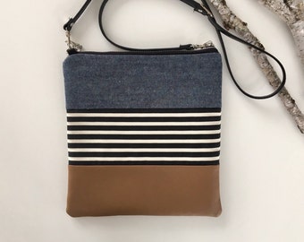 Denim, Stripes & Vegan Crossbody Purse // Crossbody Bag // Fabric Purse // Handmade Bag