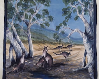 Australian Handpainted Silk Scarf Kangaroo under the Gum Trees