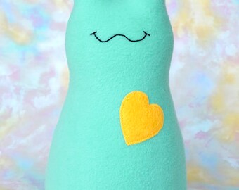 Handmade Slug, Stuffed Animal Plush Kids Baby Toddler Art Toy Doll, Hug Me Slug, Personalized Tag, Aqua Turquoise, Yellow Fleece, 12 inch