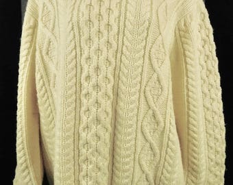 Vintage Coxmoore of England Wool Cable Knit Crew Neck Sweater Cardigan Large L Mens Ivory Cream Ski Winter Clothing