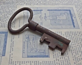 Large antique metal skeleton key, rare antique large key, rustic home decor