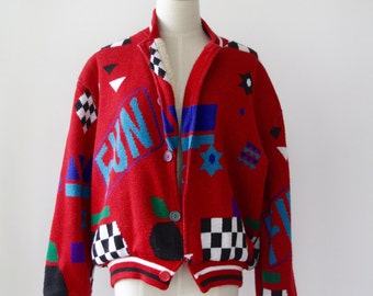 80s red cardigan. Pop Art wool cardigan. 80s cardigan. Comic sweater. Vintage red cardigan. Red button down. Kawaii