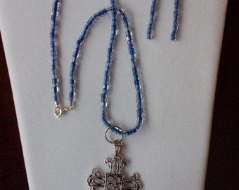 Beaded Necklace with Celtic Cross Charm plus Earrings - Item 2017-43