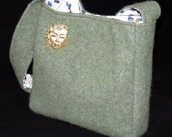 FELTED GREEN WOOL Cashmere Purse / with Vintage Asian Drama Mask/Face Pin (ooak) / Upcycled Green Cashmere sweater/ Eco Friendly Gift #028