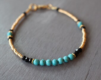 Turquoise Beaded Bracelet Boho Glam Bracelet, Gemstone Stacking Bracelet, Women's Bracelet, Seed Bead Bracelet, Bohemian Bracelet