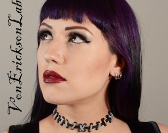 Frankenstein Monster Zombie - Silver and Black stitches Choker